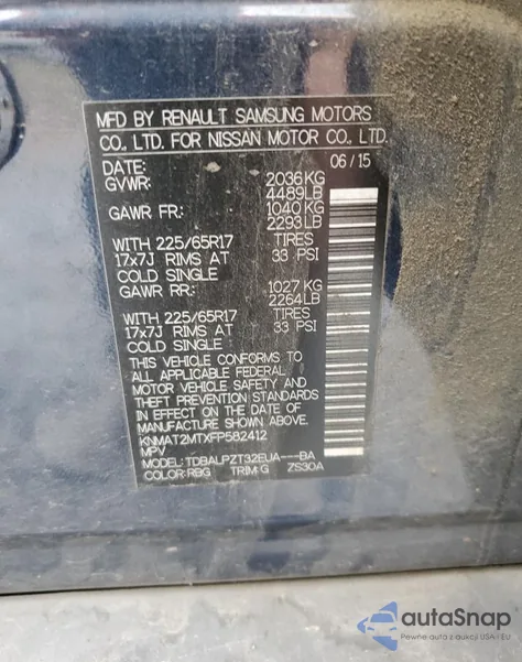 2015 Nissan Rogue S z USA, uszkodzony, nr VIN KNMAT2MTXFP582412